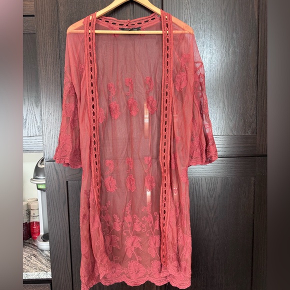 belle tweed Tops - Elegant Red Lace Kimono